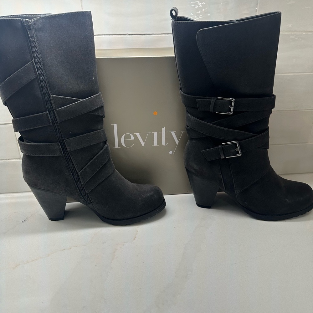 Levity Black Heeled Boots with Buckle Detail